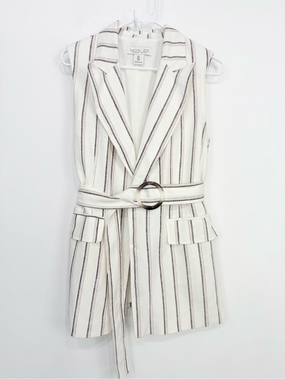Rachel Zoe White Wine Vertical Stripe Linen Blend Sleeveless Coastal Belted Vest